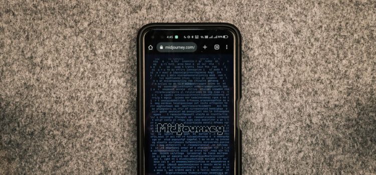 Smartphone exibindo o site Midjourney, plataforma de geração de imagens por inteligência artificial, sobre uma superfície cinza